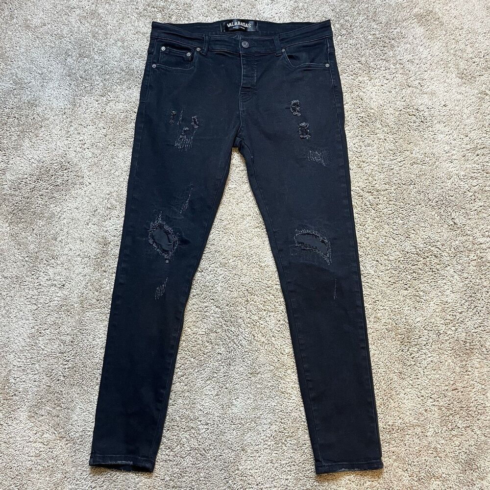 Valabasas Jeans Black Distressed Patch Skinny Fit Denim Pants Mens Size 34